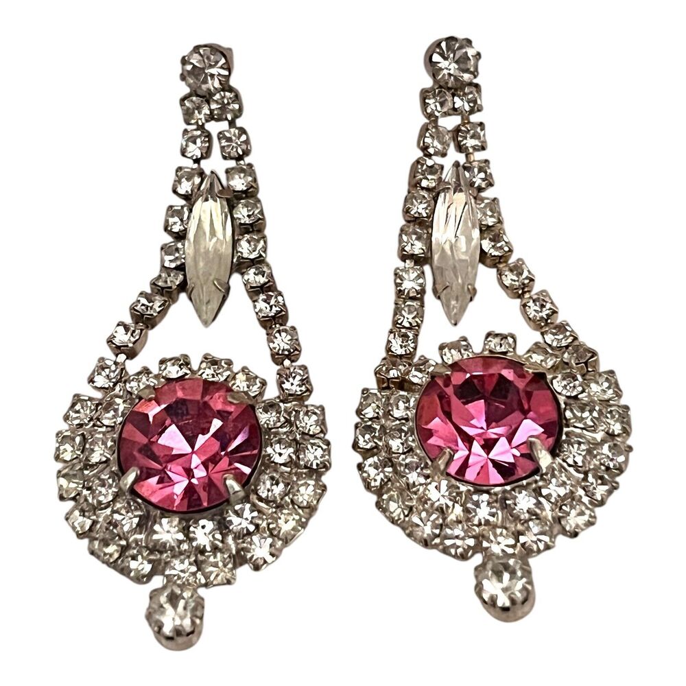 Vintage 1960s Rhinestone Dangle Earrings Pink Crystal Navette Silver Tone - 5M